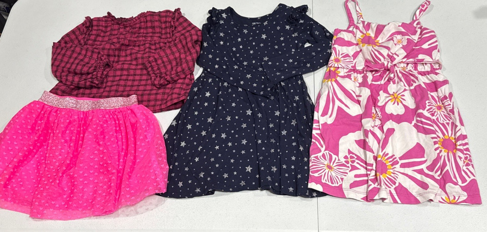 Girls Clothes Glitter Star Dress, Tutu Skirt and Plaid Top Size 4-5 Pink Blue